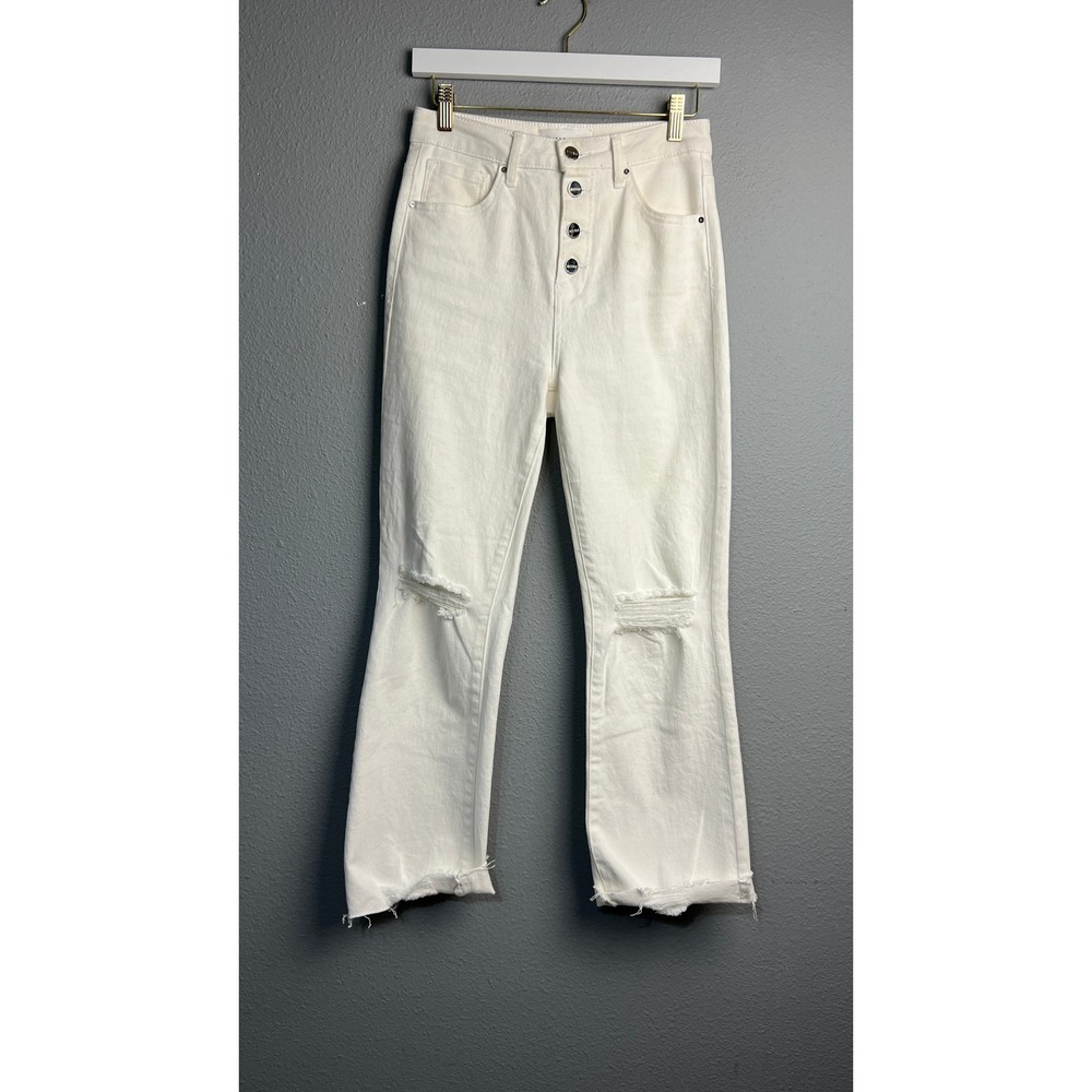 Risen Jeans White High Rise Button Fly Distressed Raw Straight Leg Denim 5/27